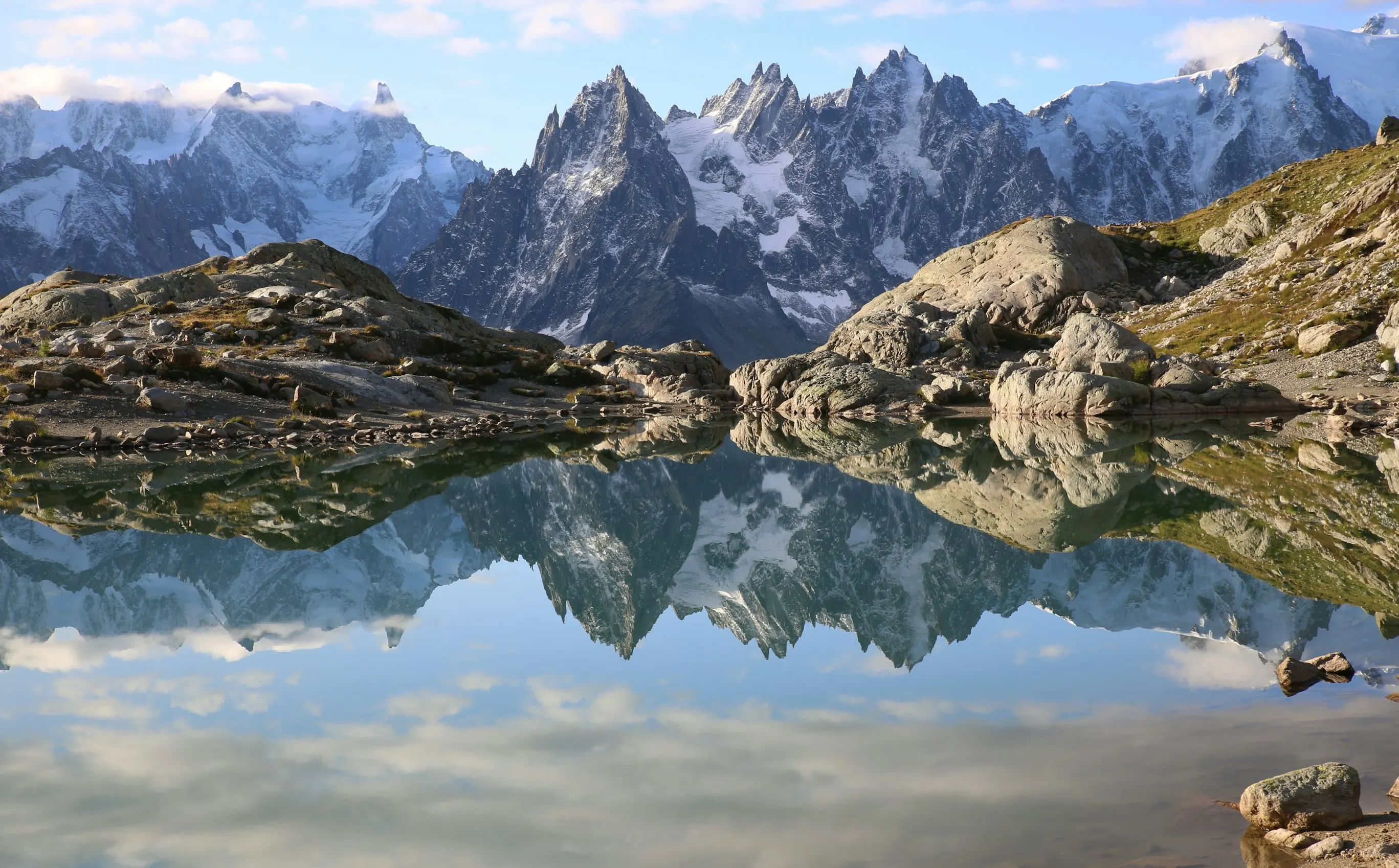 Lac Blanc reflecting the Chamonix aiguilles and the Mont-Blanc massif