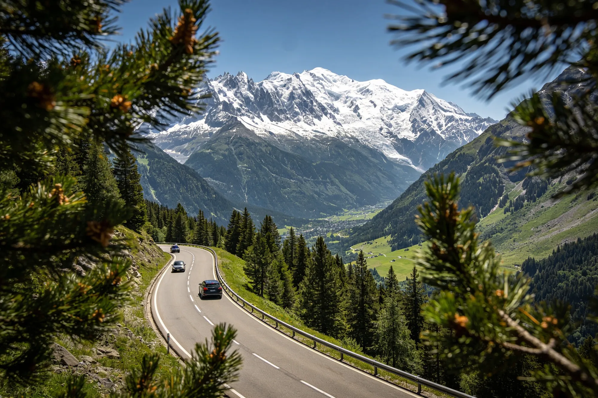 The road between Geneva and Chamonix with the Mont-Blanc massif